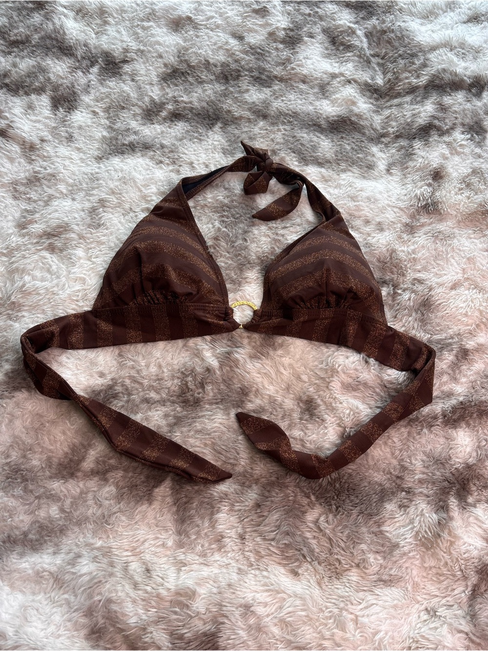 Vintage Y2K Brown Halter Triangle Swim Top with Gold Accent